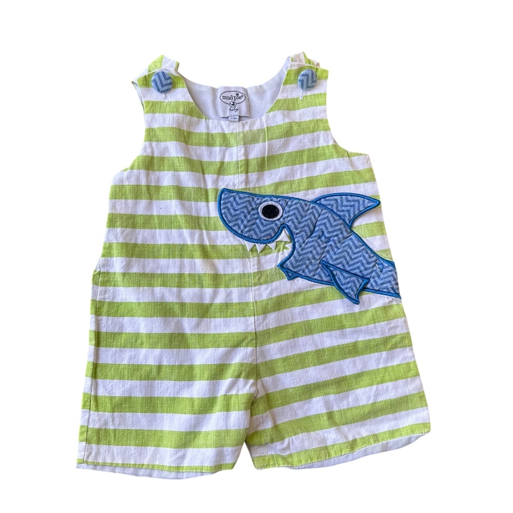 Mud Pie Baby Shark Stripe Romper Shortall Lime Green Blue 12-18M